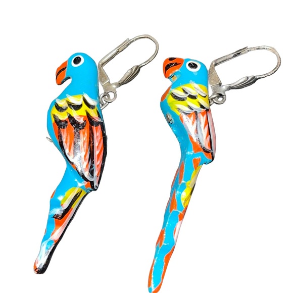 Hand Crafted Jewelry - Vintage Wooden Parrot Dangle Earrings 80s Jewelry Tropical Beach Multi Color 2”